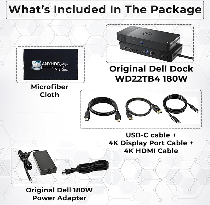 Dell WD22TB4 Thunderbolt 4 Dock Bundle - 40Gbps USB-C/USB-A, 1 Year Warranty with 180W Adapter, Anyhdd HMDI, DP, USB-C Cable & Cloth - Docking Station, Supports Dual/Triple Monitors & 4k Display