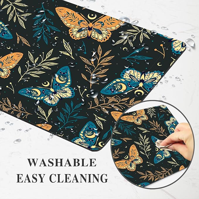 Bohemian Butterfly Mouse Pad Cute, Black Boho Moth Luna Moon Square Computer Mousepads Washable Nature Leaf Floral Mouse Mat Non-Slip Rubber Base for Gaming Office Laptop Wireless Mouse Desk Accessory