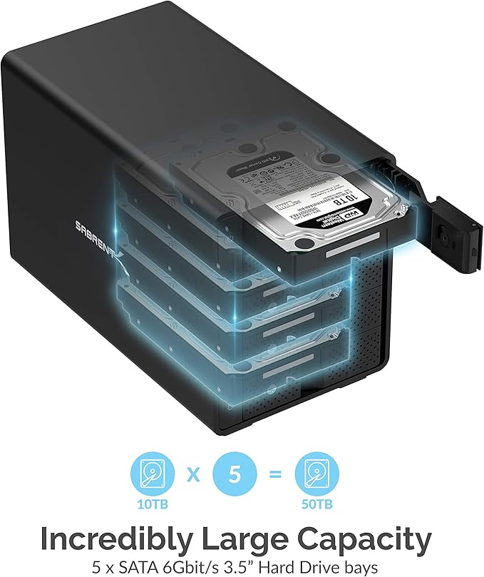 SABRENT 5-Bay USB 3.2 Gen 2 SATA Docking Station for 3.5” HDD/SSD, 10Gbps USB-C DAS, Tray-Less Hot-Swap, Aluminum Enclosure with 120mm Cooling Fan, Individual Power Switches, No RAID (DS-SC5B)