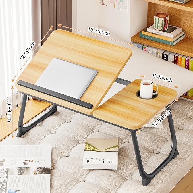 Laptop Desk for Bed, Adjustable Laptops Stand with 5 Adjustable Angles, Portable Lap Tray Table with Cup Holder, Laptop Bed Desk Tray for Eating Working Writing Reading (Walnut)