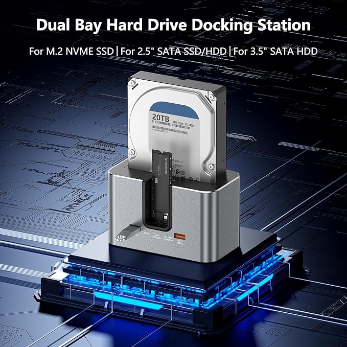 MiliPow SATA & M.2 NVMe Hard Drive Docking Station for 2.5 & 3.5 inch SATA HDD/SSD and M.2 NVMe SSD, USB 3.2 10Gbps Transfer Rate, Up to 28TB, 2-Bay
