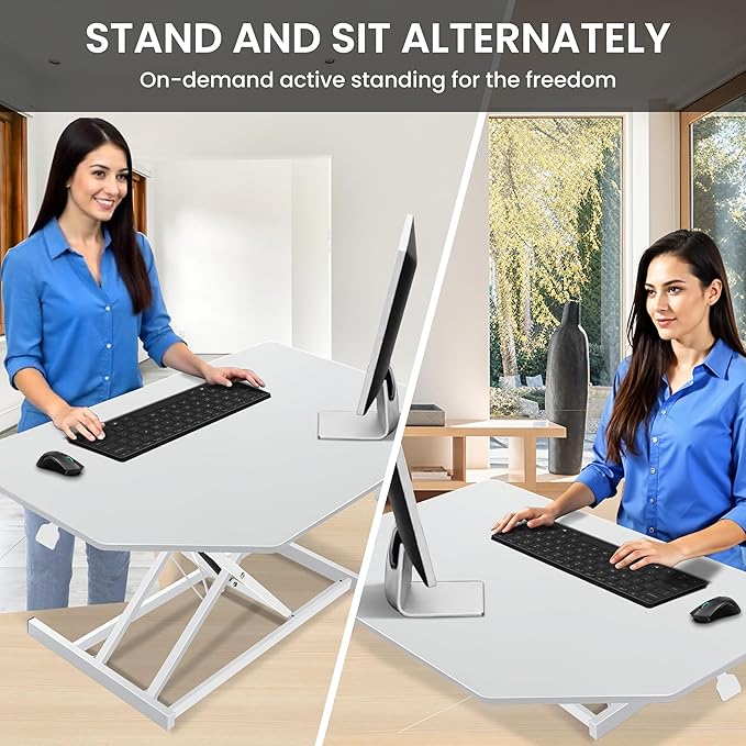 Aconcept 38 inch White Corner Height Adjustable Standing Desk Converter, One-Click Sit to Stand up Desk Riser, Pre-Assembled for Dual Monitor and Laptop Workstation