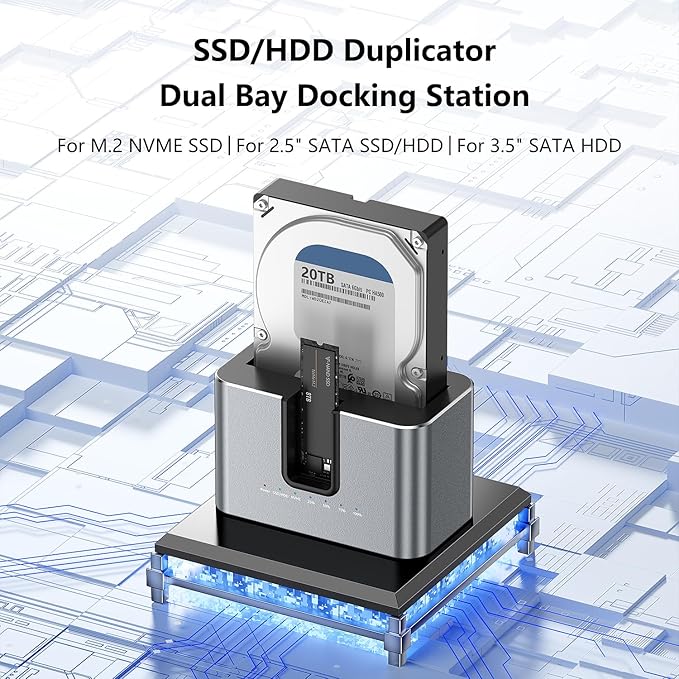 MiliPow Dual Bay Hard Drive Docking Station with Offline Cloning, SATA to NVMe Cloner for 2.5"/3.5" SATA HDD/SSD and M.2 NVMe SSD, UASP Supported, Up to 28TB