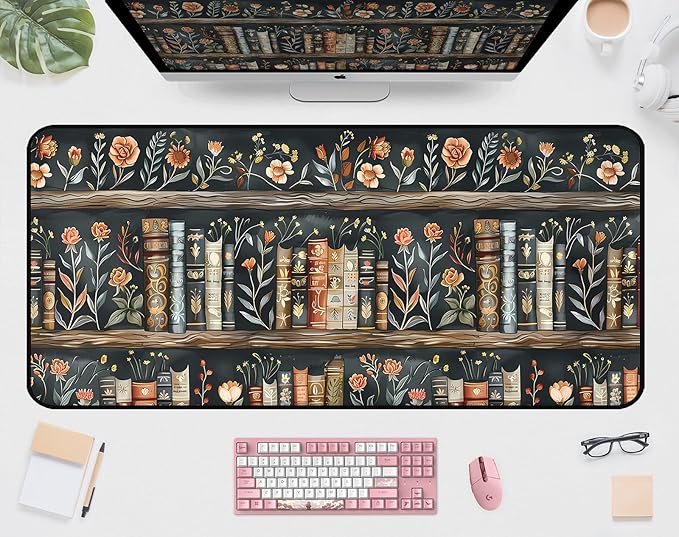Vintage Flower Bookshelf Desk Mat, Library Book Mouse Pad Desk Pad, Extended Large Gaming Computer Laptop Keyboard and Mousepad, with Stitching Edges, for Women Office Desk Decor 31.5"X15.7"