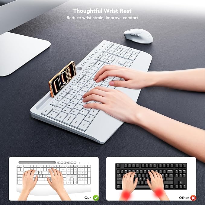 KYSONA 5th Gen Wireless Keyboard,2.4G Full-Sized Cordless Ergonomic Keyboard with Wrist Rest, Phone ipad Holder, Adjustable Angle, Compatible with Laptop/PC/Mac/Windows, White