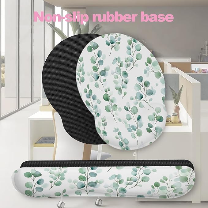 Eucalyptus Leaf Boho Ergonomic Wrist Support Keyboard Mouse Wrist Rest Set, Computer Office Comfortable Wrist Rest for Mouse Easy Typing