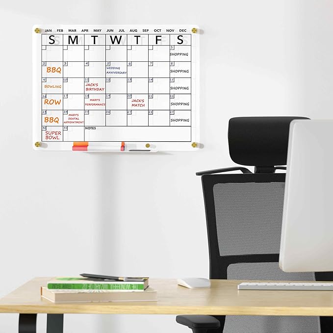 Acrylic Dry Erase Calendar Whiteboard for Wall, 16"x12" Clear Monthly Planner White Board, w/ 4 Colors Markers
