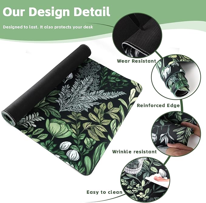 Baziabbo Green Desk Mat,XXL Extended Big Mouse Pad,Gaming Mousepad with Stitched Edge,Non-Slip Rubber Base Keyboard Desk Pad for Home Office Study Game