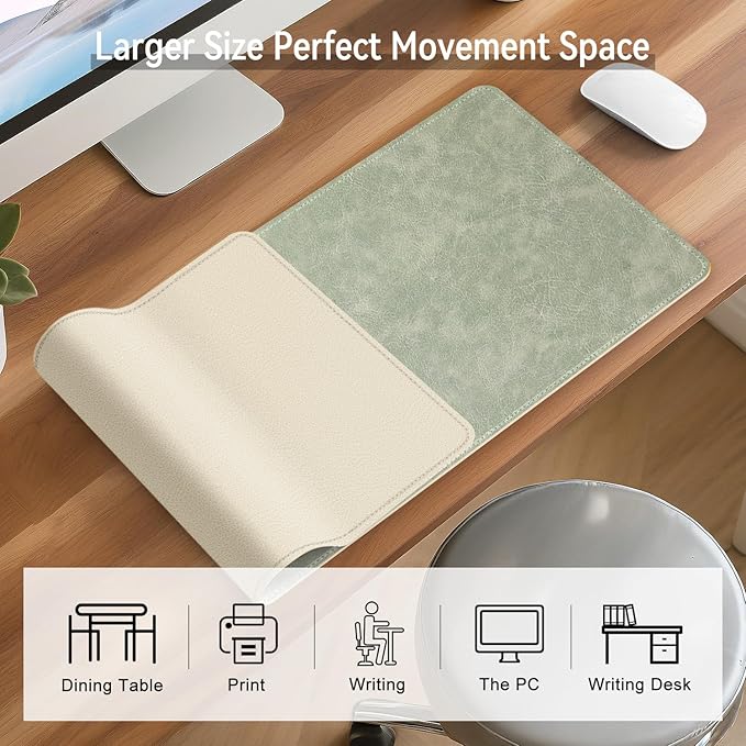 Imitation Crazy Horse Leather Desk Mat - Waterproof Desk Pad - Ideal for Large Mouse Pad and Desk Mats on Top of Desks (Light Green+White, 25"*13")