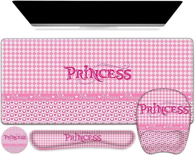 Mouse Pad with Wrist Support 4 in1 Set, XXL Big Game Mousepad + Keyboard Wrist Rest + Mouse Wrist Rest Pad +Coaster Gaming Mat for Home Office Work Computer Laptop I Pink Checkered Princess Girl