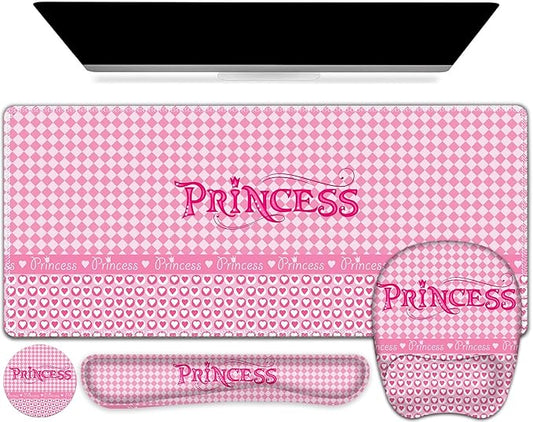 Mouse Pad with Wrist Support 4 in1 Set, XXL Big Game Mousepad + Keyboard Wrist Rest + Mouse Wrist Rest Pad +Coaster Gaming Mat for Home Office Work Computer Laptop I Pink Checkered Princess Girl