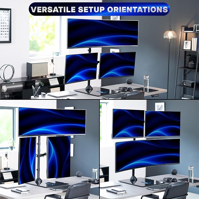 VIVO Triple Monitor Extra Tall Desk Stand for up to 49 inch Ultrawides on Center Bracket and 27 inch Screens on Side Brackets, Holds up to 44 lbs, Tempered Glass Base, Black, STAND-V103T-GB