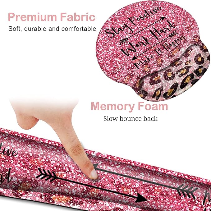 Keyboard Wrist Rest and Mouse Pad with Wrist Support, Ergonomic Gel Mouse Pad Coaster,Easy Typing Pain Relief, Memory Foam Keyboard Mousepad Set,Pink Faux Glitter Leopard