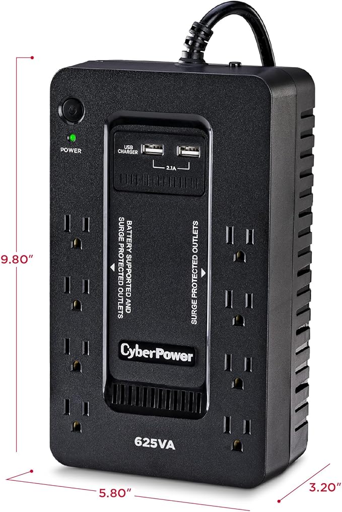 CyberPower ST625U Standby UPS Battery Backup and Surge Protector, 625VA/360W, 8 Outlets, 2 USB Charging Ports, Compact, UL Certified