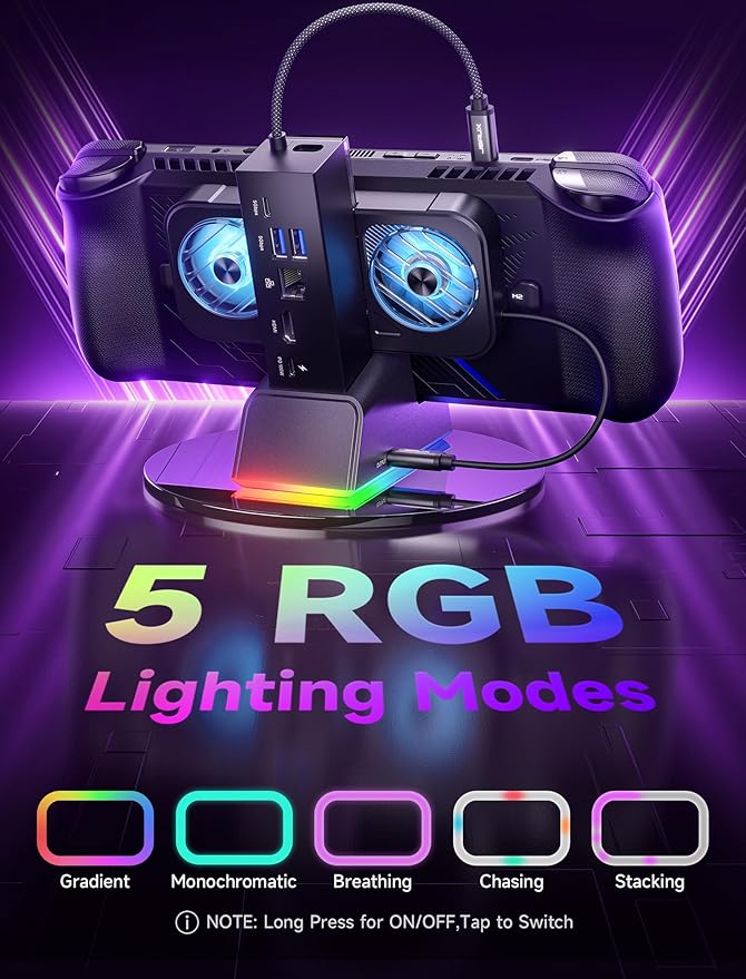 JSAUX Docking Station for ROG Ally X/ROG Ally/Steam Deck/Legion Go, 7-in-1 ROG Ally X Dock with RGB Cooling Fan, HDMI 4K@120Hz, Gigabit Ethernet, Dual USB & USB C 3.0, 100W PD Charging - HB0705