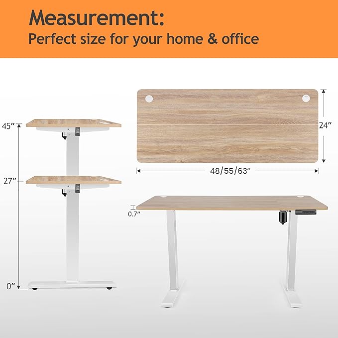 Standing Desk Adjustable Height, 48'' x 24'' Electric Sit Stand Desk for Home Office, Modern Rising Sturdy Ergonomic Workstation with Hooks and Wheels, Oak Grey