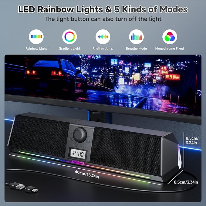 SOULION R80 Bluetooth Computer Speakers, USB Plug & Play PC Speakers with Digital Clock Display, Clear Sound Soundbar with Colorful LED Lights for Desktop Monitor Laptop (USB Adapter Included)