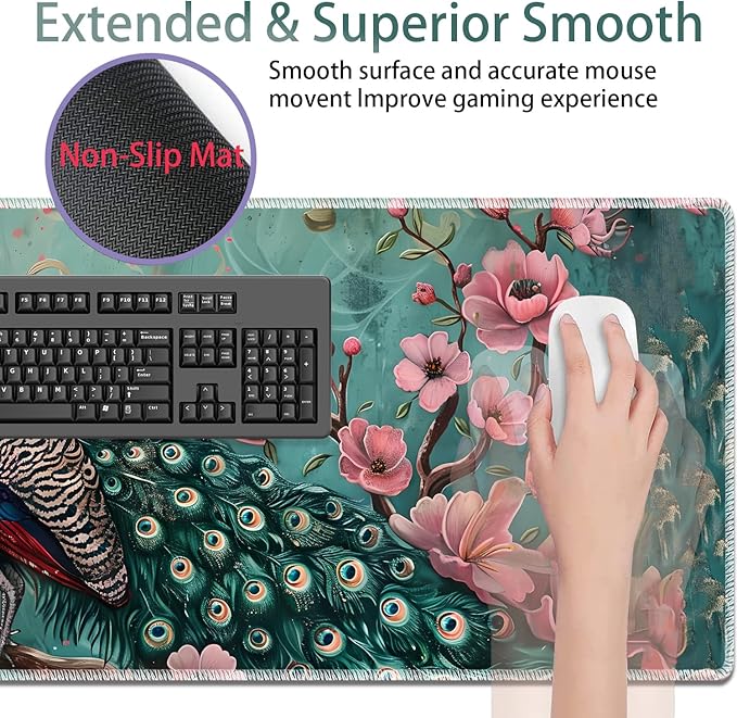 Large Gaming Mouse Pad + Keyboard Wrist Rest + Wrist Support + Coaster Set, Memory Foam Ergonomic for Easy Typing, XXL Extended Gaming Mouse Pad Table Pad - Peacock