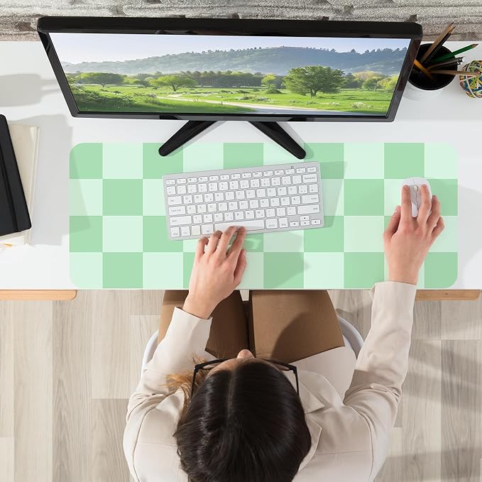 Non-Slip, Waterproof PU Leather Mouse Pad & Desk Blotter - Easy Clean Laptop Mat for Work/Home/Decor (31.5" x 12") (White Green, 31.5in*12in)