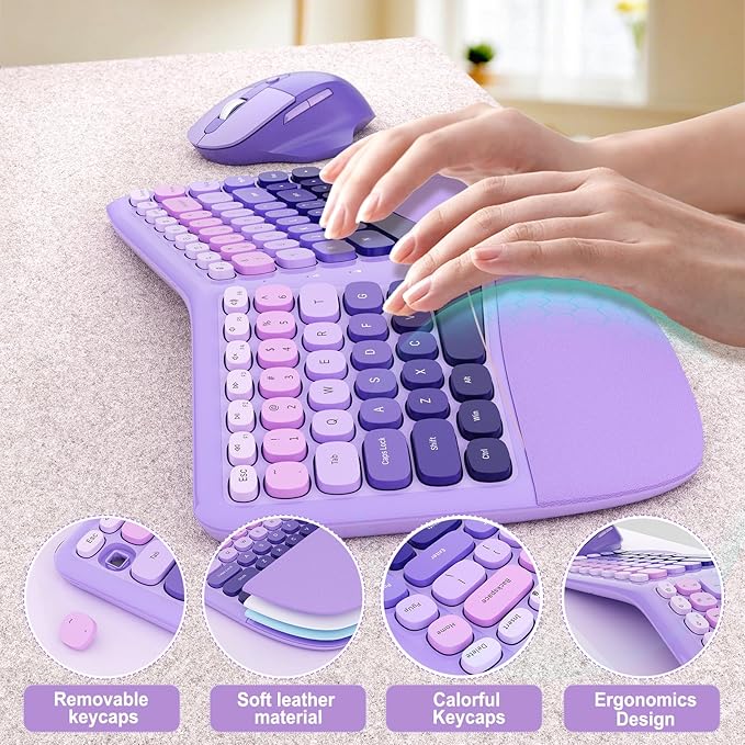 Ergonomic Wireless Keyboard and Mouse, Mechanical Gaming Set with Wrist Rest & OTG & Brush Ideal for Windows PC, Home, Office and College Purple