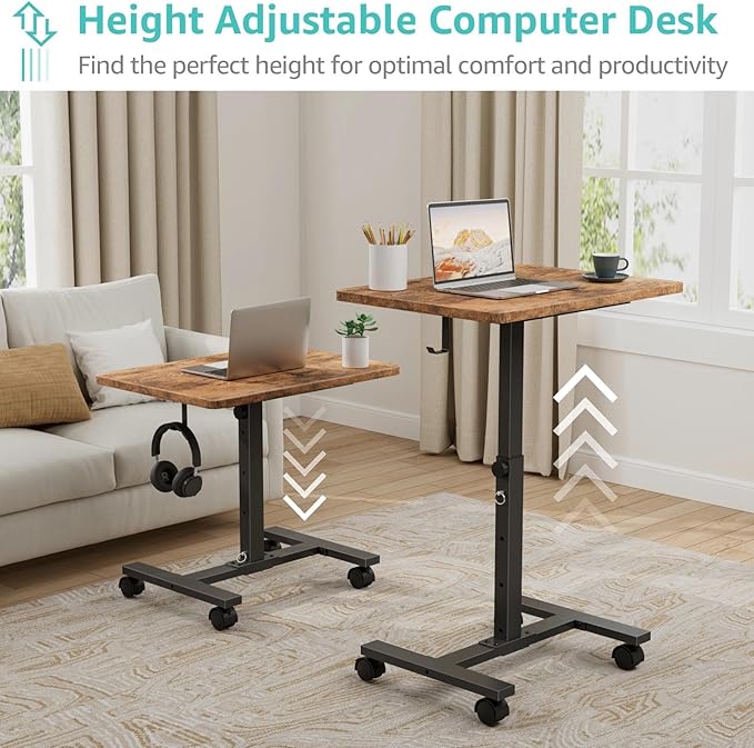 Small Portable Standing Rolling Desk - 24 Inch Mobile Stand Up Desk Adjustable Height on Wheels for Small Spaces, Couch Kids Laptop Desks End Side Table, Teacher Podium for Classroom, Rustic Brown