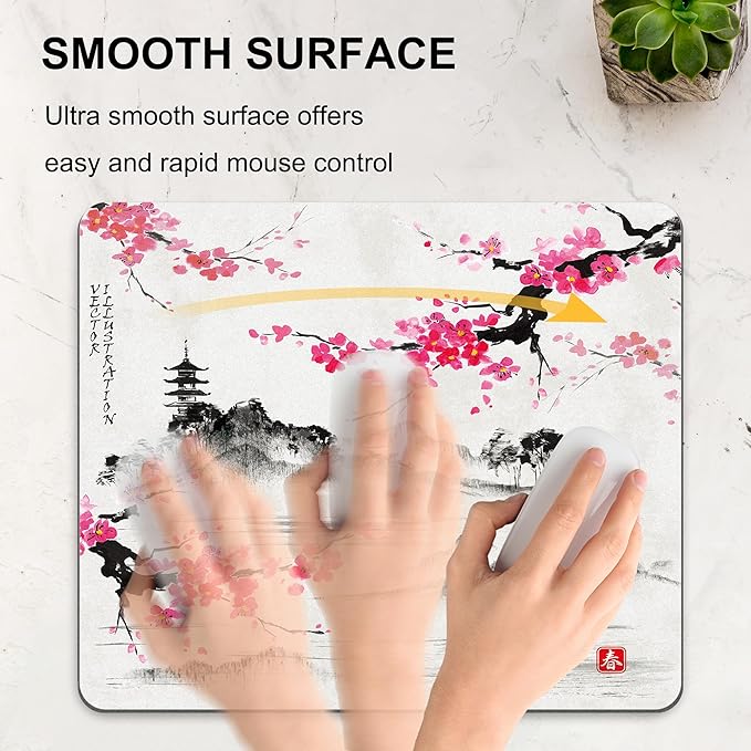 Cherry Blossom Mouse Pad Sakura Japanese Gray Mousepad Desk Grey Pink White Flower Floral Tree Japan Vintage Watercolor Aesthetic Landscape Scenery Computer Gaming Square Art Mat Accessories Travel