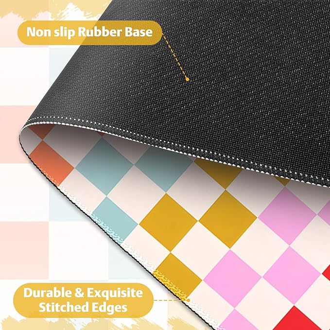 Desk Mat for Keyboard and Mouse, Non-Slip Large Mouse Pad Keyboard Pad, Computer Mats for Desktop, Cute Desk Pad with Stitched Edges for Office, Gaming I Rainbow Checkerboard