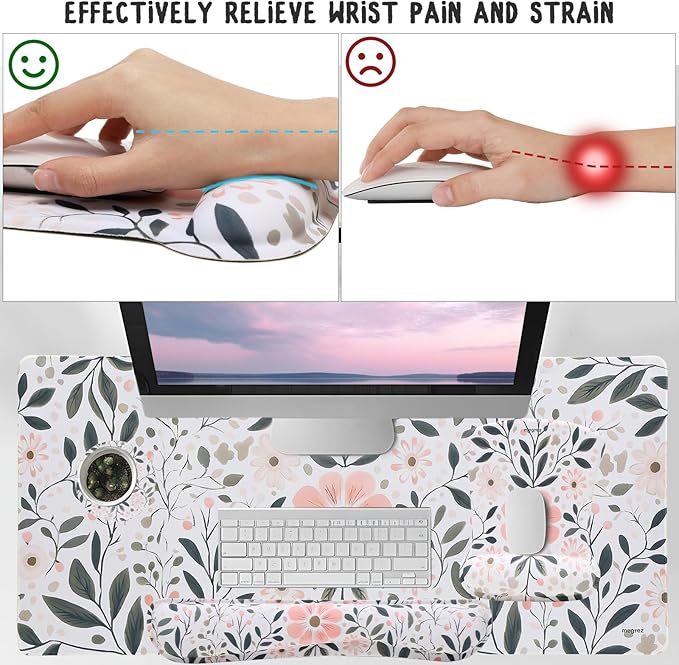 MEGREZ 4-in-1 Ergonomic Memory Foam Wrist Rest Set, Desk Pad, Mouse Pad with Wrist Rest, Keyboard Pad, Suitable for Office Workers, Programmers & Gamers–Relieve Typing & Gaming Fatigue, Red Flower