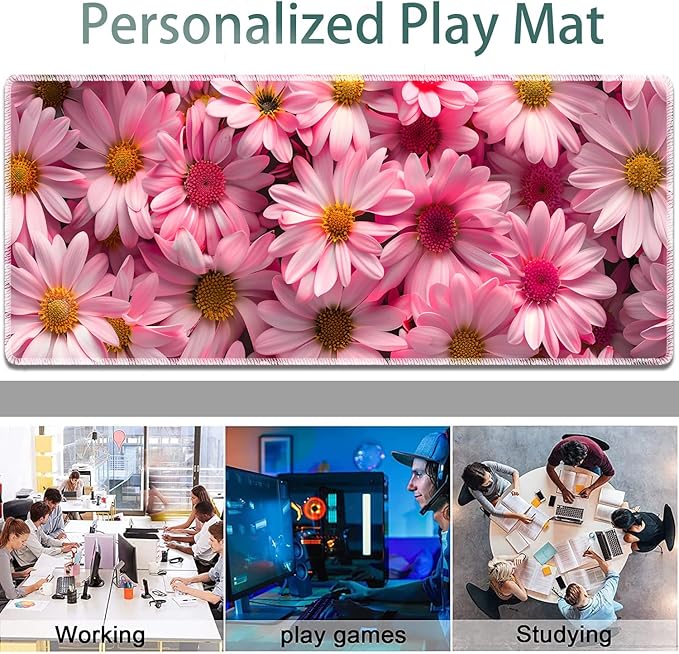 Large Gaming Mouse Pad + Keyboard Wrist Rest + Wrist Support + Coaster Set, Memory Foam Ergonomic for Easy Typing, XXL Extended Gaming Mouse Pad Table Pad - Pink Daisy