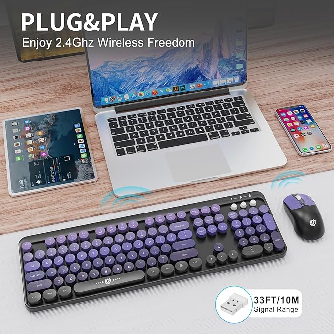 Wireless Keyboard and Mouse Combo - Cute Colorful Keyboard and Mouse, Retro Typewriter Keyboard with 2.4GHz Plug & Play, for Windows 11/10/7, Laptop, PC (Purple Wireless Keyboard and Mouse)