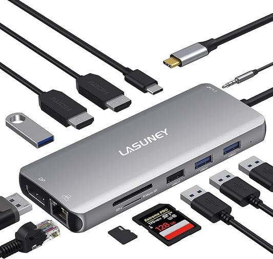 LASUNEY 12-in-1 Hub USB C Laptop Docking Station Dual Monitor, Multiport Adapter Dongle with 2 HDMI, DisplayPort, RJ45, SD/TF, USB C/A Ports, PD, Mic/Audio, Compatible for MacBook Dell HP Lenovo