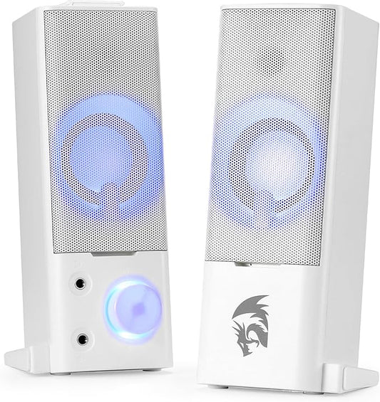 Redragon GS550 PC Gaming Speakers, 2.0 Channel Desktop Computer Sound Bar with Compact Maneuverable Size, Headphone Jack, Quality Bass & Decent Red Backlit, USB Powered w/ 3.5mm Cable, White