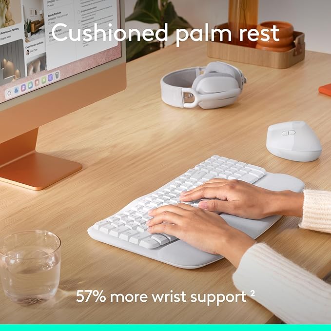 Logitech Wave Keys for Mac + Lift Vertical Mouse for Mac, Wireless Ergonomic Keyboard and Mouse Combo, Cushioned Palm Rest, Bluetooth, Optimized for macOS/iPadOS/MacBook/iMac/iPad - Off White
