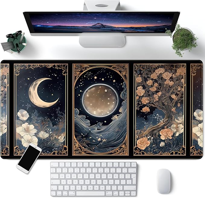 Celestial Lunar Nature Tarot Card Desk Mat Moon Floral Large Mouse Pad XXL 31.5''X 15.7'' Witch Night Botanical Desk Pad Gaming Mousepad Keyboard Mouse Mat for Laptop Computer Office Decor Gift