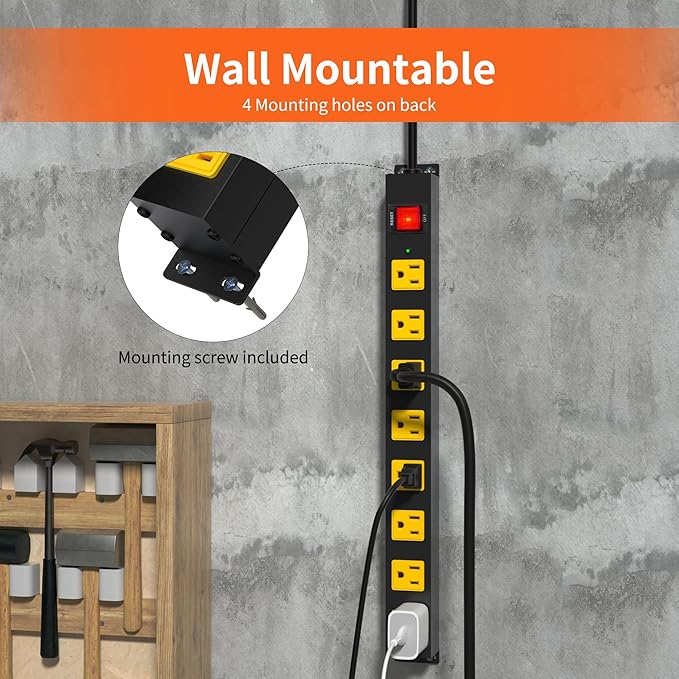 8 Outlet Long Power Strip, 2100J Surge Protector Heavy Duty 6FT Cord Wide Spaced and Wall Mount Metal Powerstrip for Home Office Garage Workshop