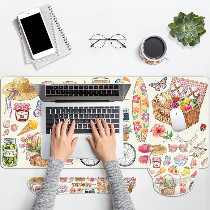 Arttown Tropical Fruit Desk Mat Floral Colorful Mouse Pad Set 4 in 1 Ergonomic Design Large Mouse Pad + Keyboard Wrist Rest + Mouse Wrist Rest + Coaster Suitable for Home Office Study Game