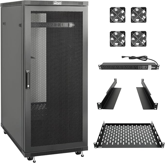 Tecmojo Network Rack Cabinet,27U Server Rack,31.5 Inch Depth,Hold Up to 1800Lbs,Lockable Cabinet with Casters and Complete Accessories,Mesh Door,for Home,Office,Small Business (27U 23.6" w*31.5" d)