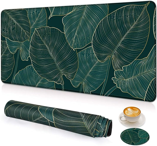 Large Gaming Mouse Pad with Coaster, Desk Matt for Desktop, Desk Pad, Mouse Pads Mat, Stitched Edges Big Extended Mousepad for Computer Keyboard Laptop Office Decor, 31.5'' x15.6''-Green Leaves2