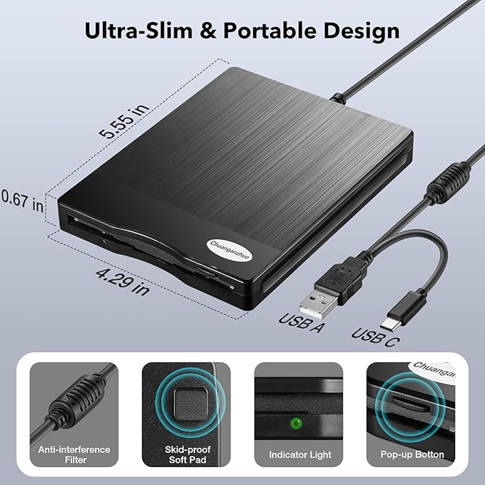 Floppy Disk Reader 3.5 inch USB Floppy Disk Drive External 3 1/2 Floppy disc Reader Portable Floppy Diskette Drive USB C for PC Laptop Notebook Computer with Windows 11/10(Plane Texture, 3.5 Inch)