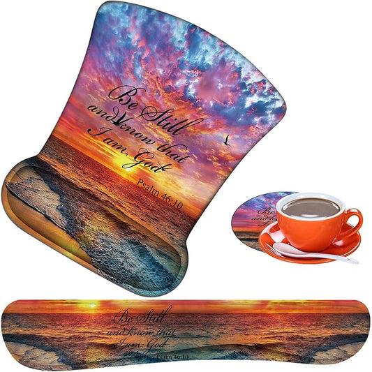 Ergonomic Mouse Pad, Mouse Wrist Rest Pad + Keyboard Wrist Rest Pad + Coaster, Made of Memory Foam, Easy to Use and Relieve Wrist Pain, Computer, Games, Office, Home - Sunsets, Beaches and Waves