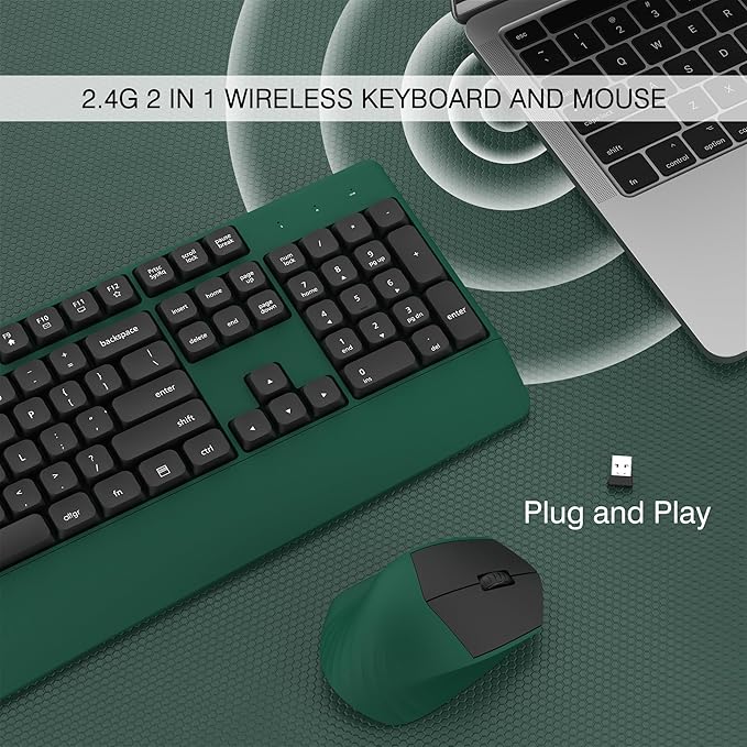 Wireless Keyboard and Mouse Combo, Full-Sized 104 Keys 2.4GHz Wireless Keyboard with Palm Rest and Wireless Mouse for Windows, Mac OS PC/Computer/Laptops/Desktops(Green)
