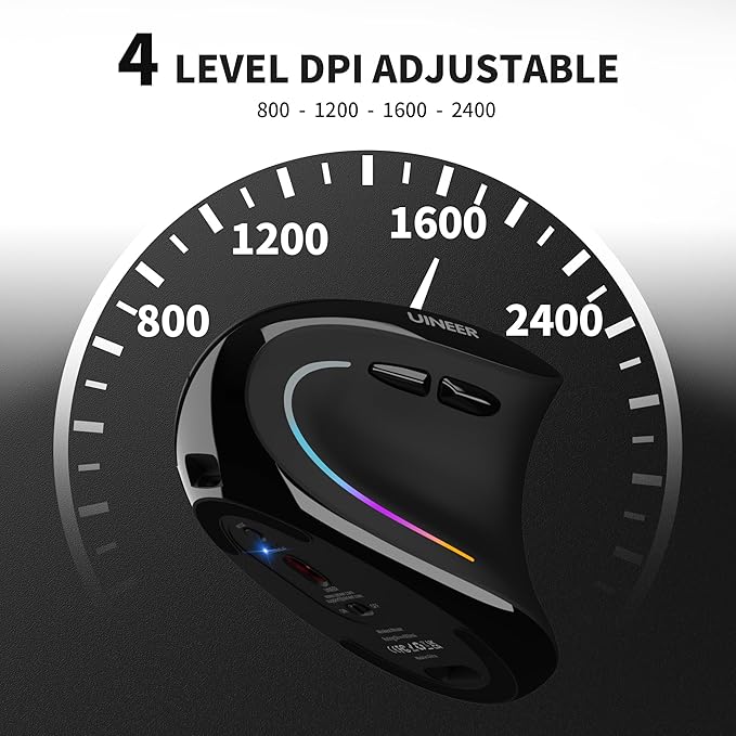 Uineer Ergonomic Mouse, Wireless Bluetooth Rechargeable Vertical Mouse, 7 Color LED, 4 DPI Adjustable, USB-A, Wrist Strain Relief,Optical Mice for Computer/PC/Laptop, Black