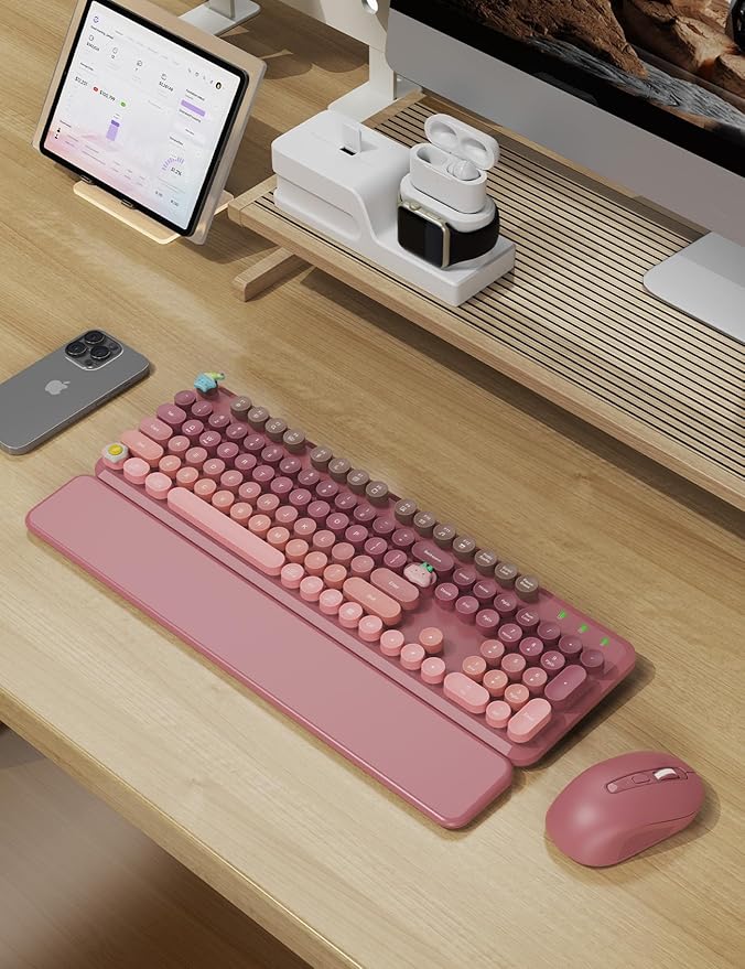 Wireless Keyboard and Mouse Combo, Typewriter Keyboard with Detachable Wrist Rest, Full-Size Retro Round Keycaps, Smart-Sleep, 2.4GHz Stable Connection for Mac/Windows/PC, Trueque(Ombre Dusty Rose)