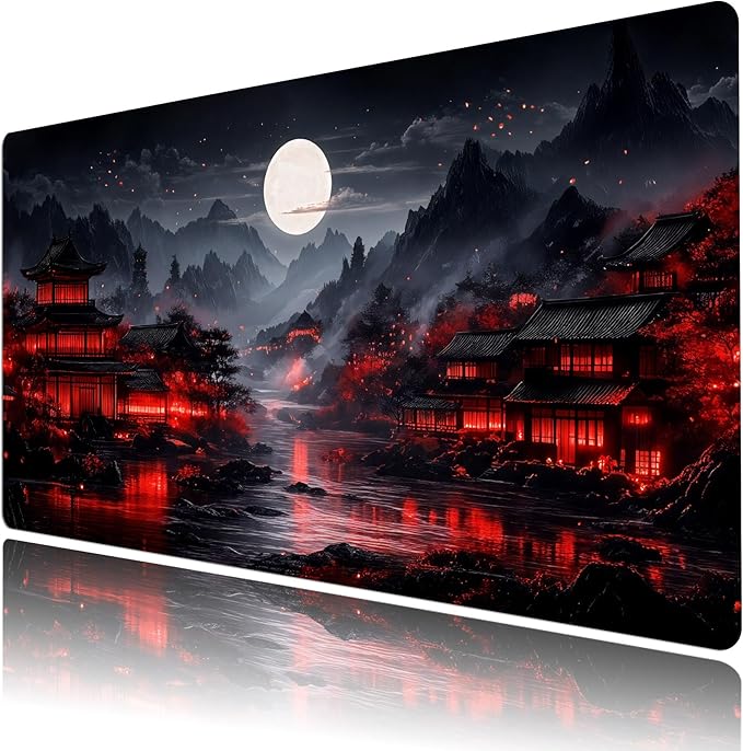 HVEST Japanese Gaming Mouse Pad, Black and Red Full Moon Large Mousepad,Laptop Computer Keyboard Mat with Non-Slip Rubber Base and Stitched Edge for Game, Office, Home 31.5'' x 15.7''