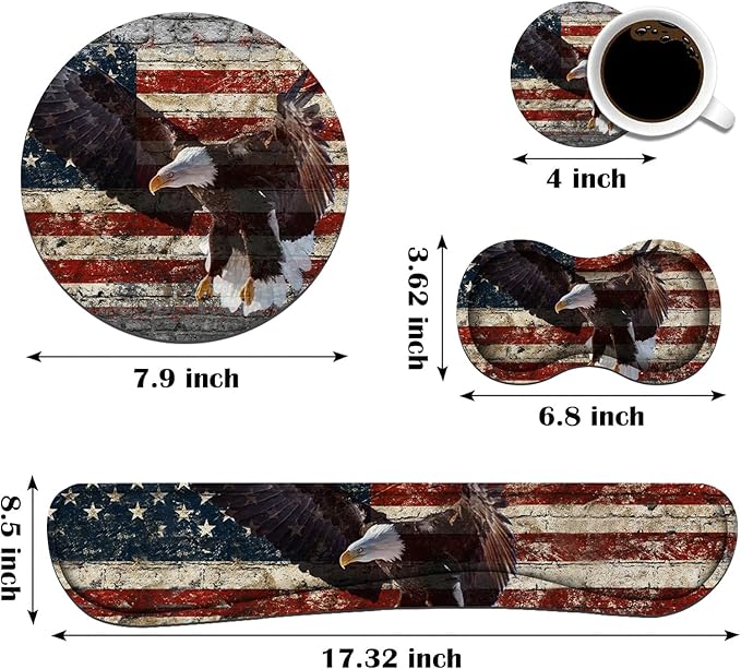 Keyboard Wrist Rest and Mouse Pad Wrist Rest Set with Coasters [4Pcs], Ergonomic Support, Non-Slip Rubber Base for Home OfficeEasy Typing & Pain Relief, Military Wall Graffiti USA Flag Eagle