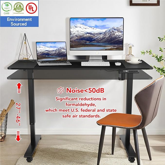 Electric Adjustable Standing Desk with Wheels, 63'' x 24'' Sit Stand with Dual Crossbeam Structure and Mouse Pad, 27''-46'' Lifting Range (Black)