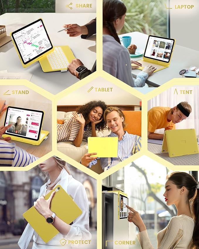 typecase Flexbook Keyboard Case for iPad 11th (A16, 2025) and iPad 10th Gen (10.9", 2022) – No Trackpad, 11-Color Backlight, 360° Rotatable, 7 Use Modes, Thin & Lightweight – Yellow