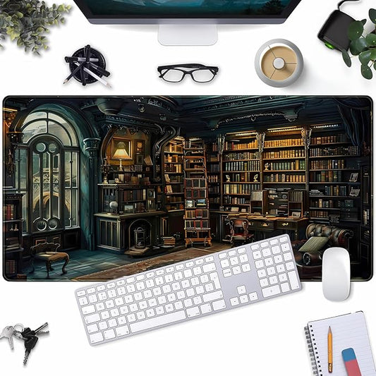 Dark Gothic Desk Mat Gaming Desk Pad Large Mouse Pad, Magician'S Fantasy Bookcase Gothic Mouse Mat XXL Laptop Keyboard Pad, Laptop Keyboard and Mouse Mat Desktop Protector Mat 31.5 X 15.7 in