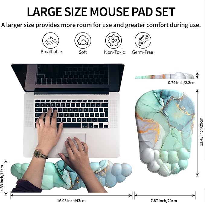 Ergonomic 2 in 1 Cloud Mouse Pad and Keyboard Wrist Rest, Non-Slip, Relieves Wrist Pain - Blue Marble