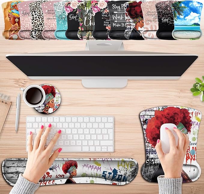 Keyboard Wrist Rest Pad and Ergonomic Mouse Pad Wrist Support Set African Woman Graffiti Girls with Red Hair for Gaming, Office, Comfortable and Pain Relief with Coaster Set